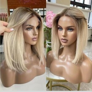 Blonde Hair Cut Dark Roots  Transparent Lace Front Wigs A-line or graduate Bob